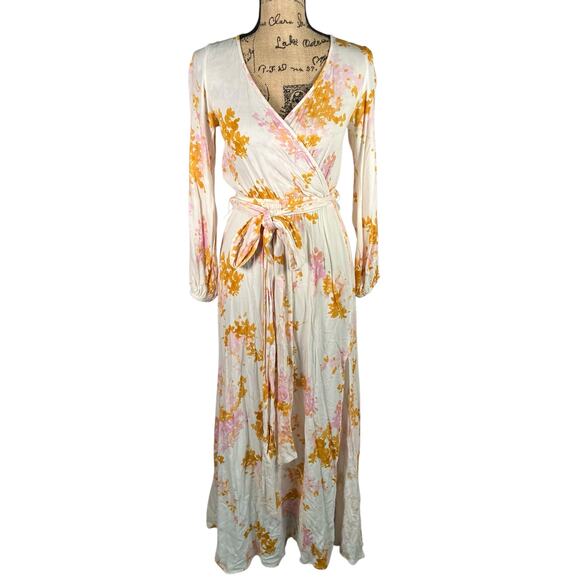 VICI Small Wrap Maxi Dress Floral Pink Yellow Belted Long Sleeve Rayon‎ Wedding - Picture 1 of 15